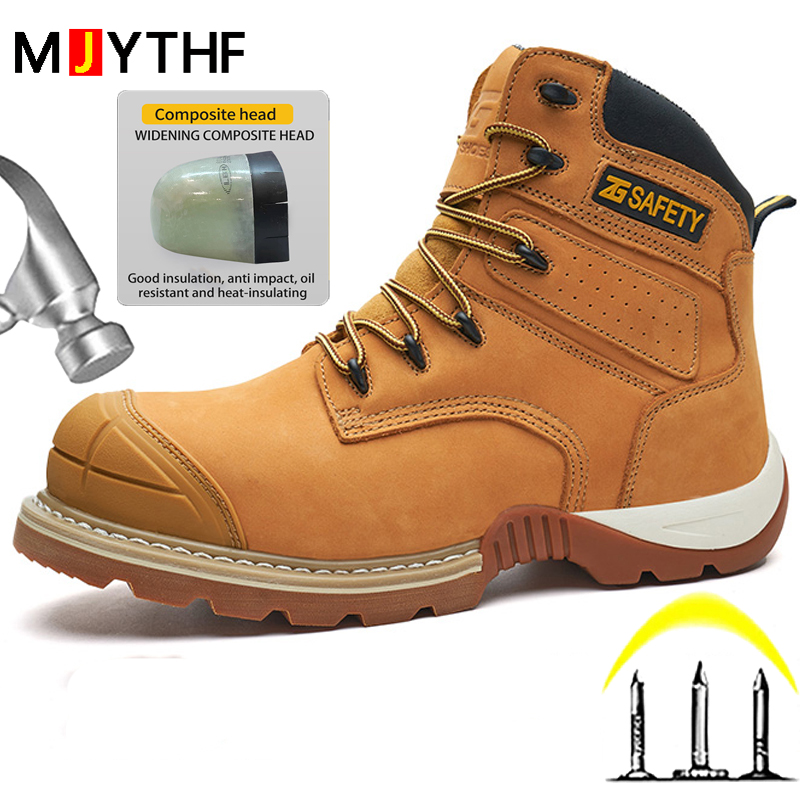 Leather Work Fabric - Koeienhuid werkschoenen met composiet neusbescherming, anti-doorstoot,